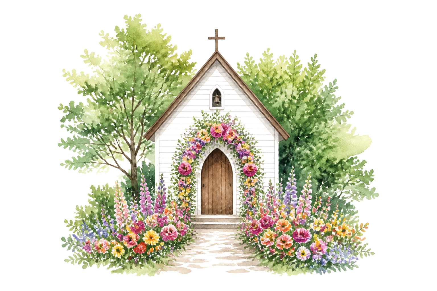 Ilustração em aquarela de uma capela no jardim